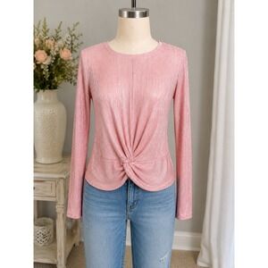 Evolutionary Pink Metallic Plisse Twist Front Long Sleeve Top Blouse Medium
